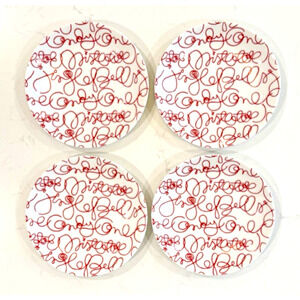 Set of 4 CRATE & BARREL Artwork Script Christmas Holiday Salad Plates 8.5"
